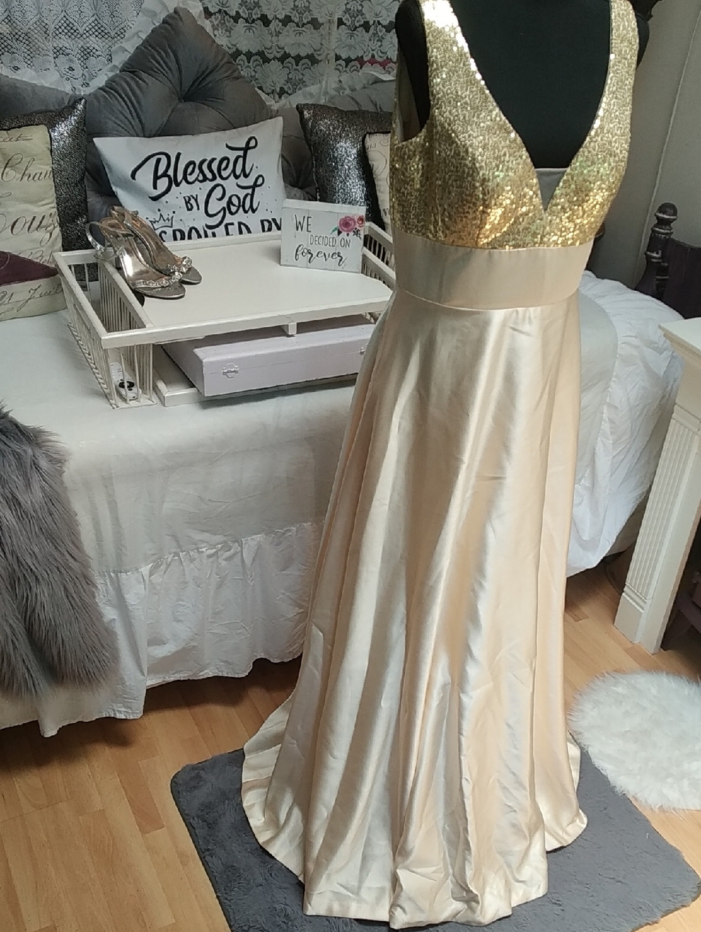 Gold Sequin Bodice Champagne Satin A-Line Gown
